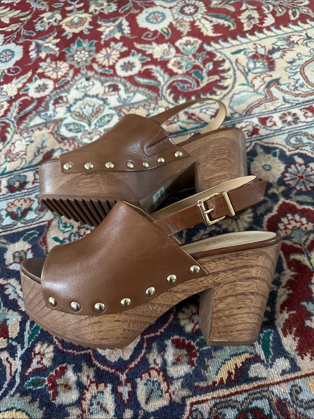 SCHUTZ YEDA DARK CARAMEL Leather Platform Clog Sandals with Stud Accents - Picture 3 of 7